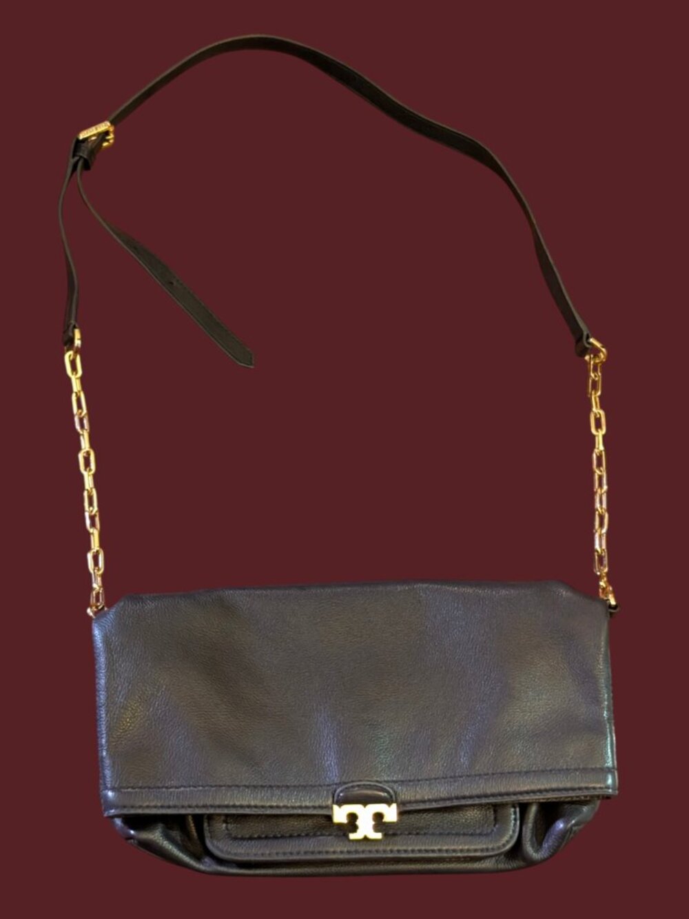 Tory Burch Sammy Dark Navy Gold Tone Hardware Pebbled Leather Magnetic Purse